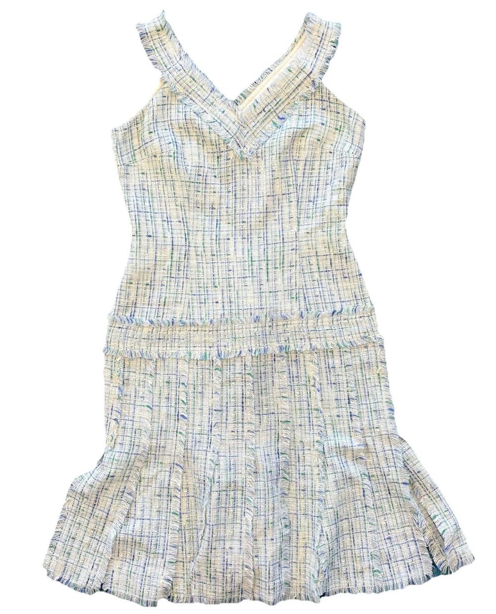 David Meister Size 2 Tweed Blue Pastel Plaid Pleated Mini Preppy Dress Sleeveles
